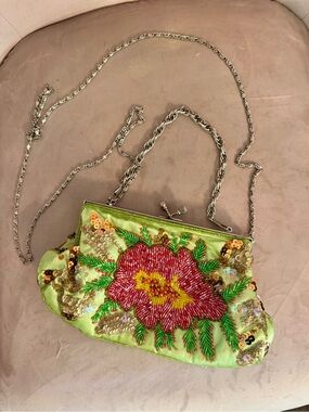 Vintage Beaded Floral Evening Clutch Whimsical Sequin green crossbody